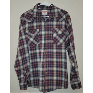 Wrangler Mens Red Blue White Plaid Snap Long Sleeve Western Shirt Size Large (L)